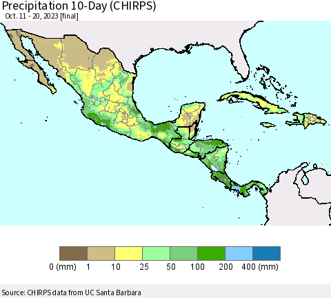 Mexico Central America and the Caribbean Precipitation 10-Day (CHIRPS) Thematic Map For 10/11/2023 - 10/20/2023