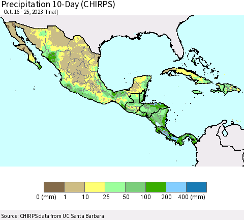 Mexico Central America and the Caribbean Precipitation 10-Day (CHIRPS) Thematic Map For 10/16/2023 - 10/25/2023