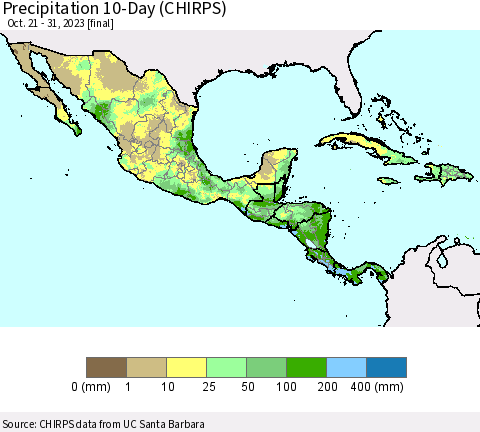 Mexico Central America and the Caribbean Precipitation 10-Day (CHIRPS) Thematic Map For 10/21/2023 - 10/31/2023