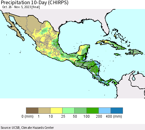 Mexico Central America and the Caribbean Precipitation 10-Day (CHIRPS) Thematic Map For 10/26/2023 - 11/5/2023