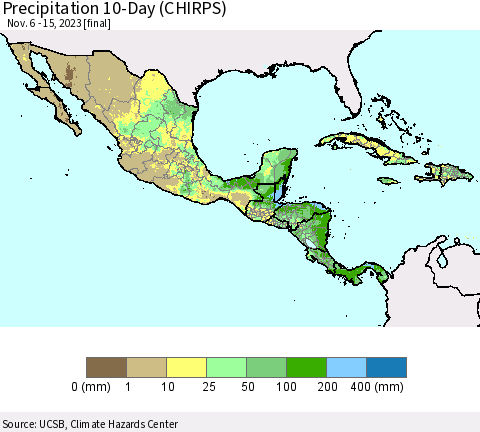 Mexico Central America and the Caribbean Precipitation 10-Day (CHIRPS) Thematic Map For 11/6/2023 - 11/15/2023