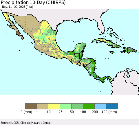 Mexico Central America and the Caribbean Precipitation 10-Day (CHIRPS) Thematic Map For 11/11/2023 - 11/20/2023