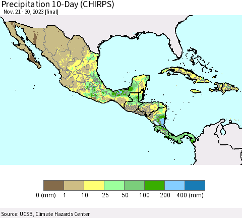Mexico Central America and the Caribbean Precipitation 10-Day (CHIRPS) Thematic Map For 11/21/2023 - 11/30/2023