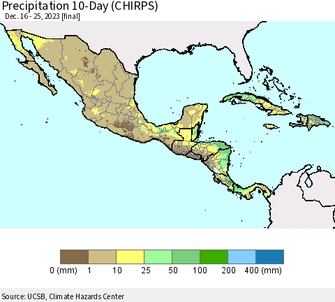 Mexico Central America and the Caribbean Precipitation 10-Day (CHIRPS) Thematic Map For 12/16/2023 - 12/25/2023