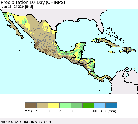 Mexico Central America and the Caribbean Precipitation 10-Day (CHIRPS) Thematic Map For 1/16/2024 - 1/25/2024