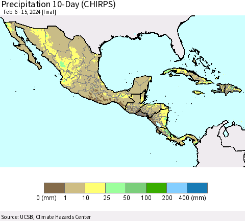 Mexico Central America and the Caribbean Precipitation 10-Day (CHIRPS) Thematic Map For 2/6/2024 - 2/15/2024