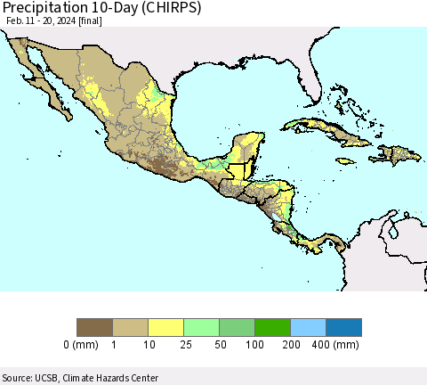 Mexico Central America and the Caribbean Precipitation 10-Day (CHIRPS) Thematic Map For 2/11/2024 - 2/20/2024