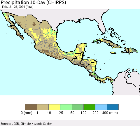 Mexico Central America and the Caribbean Precipitation 10-Day (CHIRPS) Thematic Map For 2/16/2024 - 2/25/2024