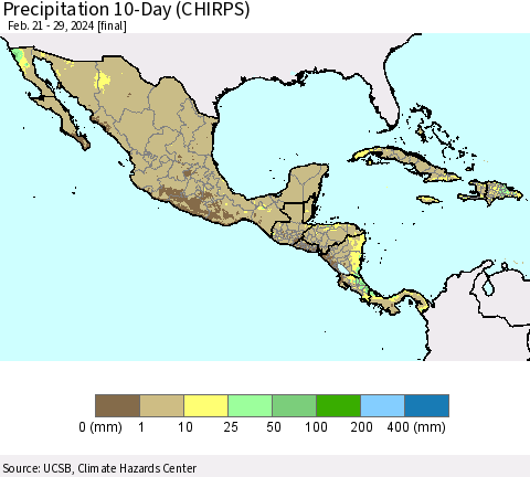 Mexico Central America and the Caribbean Precipitation 10-Day (CHIRPS) Thematic Map For 2/21/2024 - 2/29/2024