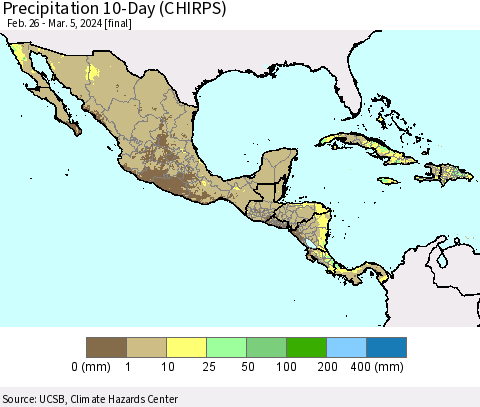 Mexico Central America and the Caribbean Precipitation 10-Day (CHIRPS) Thematic Map For 2/26/2024 - 3/5/2024