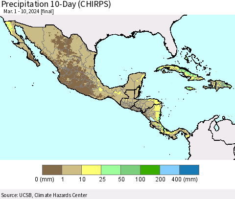 Mexico Central America and the Caribbean Precipitation 10-Day (CHIRPS) Thematic Map For 3/1/2024 - 3/10/2024