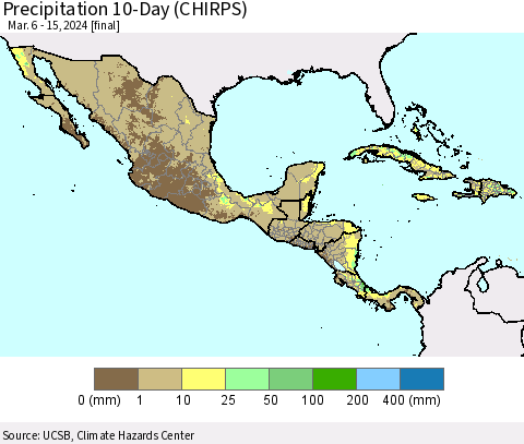 Mexico Central America and the Caribbean Precipitation 10-Day (CHIRPS) Thematic Map For 3/6/2024 - 3/15/2024