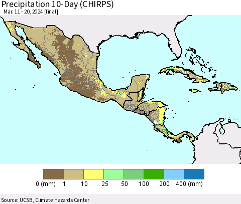 Mexico Central America and the Caribbean Precipitation 10-Day (CHIRPS) Thematic Map For 3/11/2024 - 3/20/2024