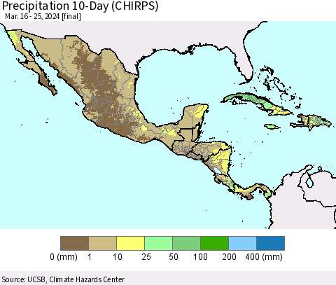 Mexico Central America and the Caribbean Precipitation 10-Day (CHIRPS) Thematic Map For 3/16/2024 - 3/25/2024