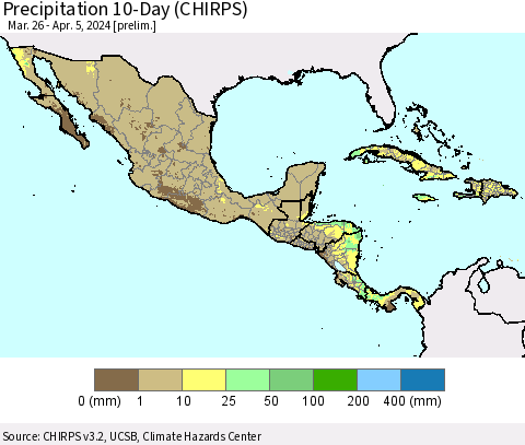 Mexico Central America and the Caribbean Precipitation 10-Day (CHIRPS) Thematic Map For 3/26/2024 - 4/5/2024