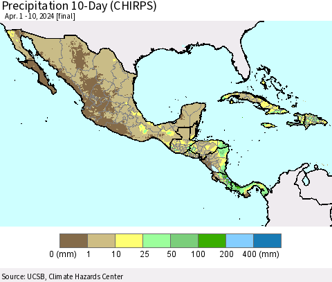 Mexico Central America and the Caribbean Precipitation 10-Day (CHIRPS) Thematic Map For 4/1/2024 - 4/10/2024