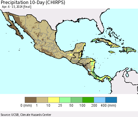 Mexico Central America and the Caribbean Precipitation 10-Day (CHIRPS) Thematic Map For 4/6/2024 - 4/15/2024