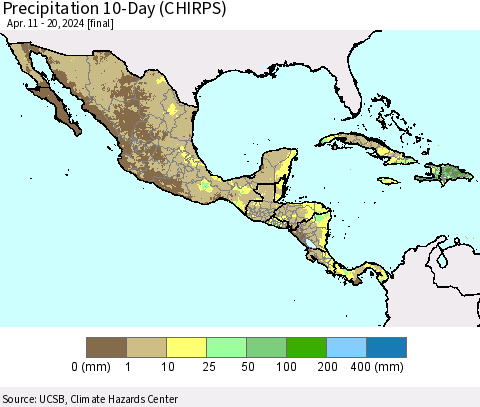 Mexico Central America and the Caribbean Precipitation 10-Day (CHIRPS) Thematic Map For 4/11/2024 - 4/20/2024