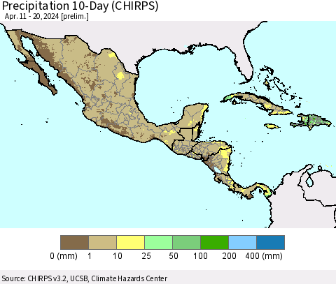 Mexico Central America and the Caribbean Precipitation 10-Day (CHIRPS) Thematic Map For 4/11/2024 - 4/20/2024