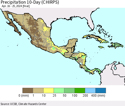 Mexico Central America and the Caribbean Precipitation 10-Day (CHIRPS) Thematic Map For 4/16/2024 - 4/25/2024