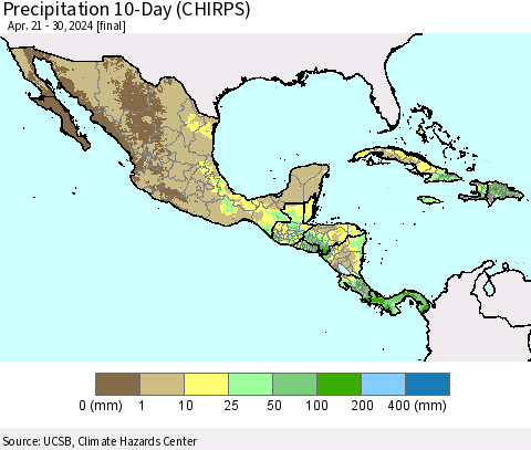 Mexico Central America and the Caribbean Precipitation 10-Day (CHIRPS) Thematic Map For 4/21/2024 - 4/30/2024