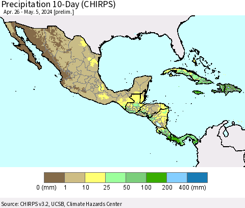 Mexico Central America and the Caribbean Precipitation 10-Day (CHIRPS) Thematic Map For 4/26/2024 - 5/5/2024