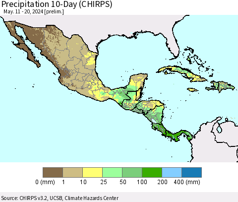 Mexico Central America and the Caribbean Precipitation 10-Day (CHIRPS) Thematic Map For 5/11/2024 - 5/20/2024