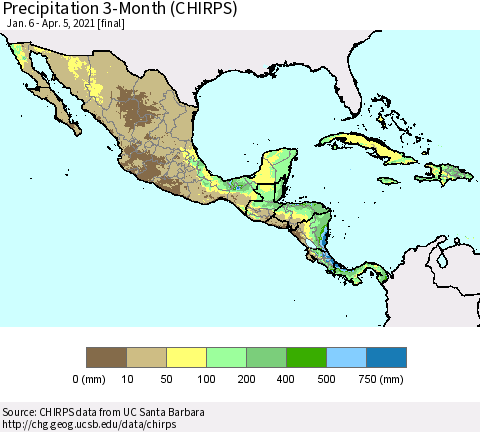 Mexico Central America and the Caribbean Precipitation 3-Month (CHIRPS) Thematic Map For 1/6/2021 - 4/5/2021