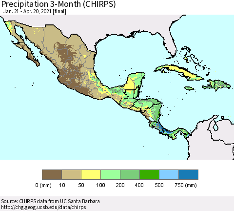 Mexico Central America and the Caribbean Precipitation 3-Month (CHIRPS) Thematic Map For 1/21/2021 - 4/20/2021