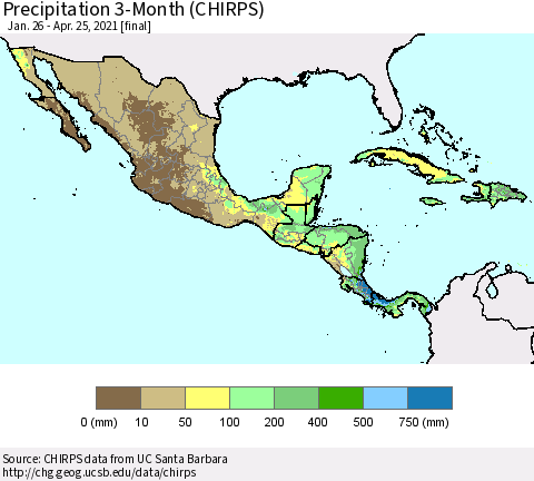 Mexico Central America and the Caribbean Precipitation 3-Month (CHIRPS) Thematic Map For 1/26/2021 - 4/25/2021
