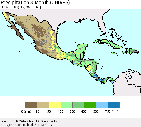 Mexico Central America and the Caribbean Precipitation 3-Month (CHIRPS) Thematic Map For 2/11/2021 - 5/10/2021