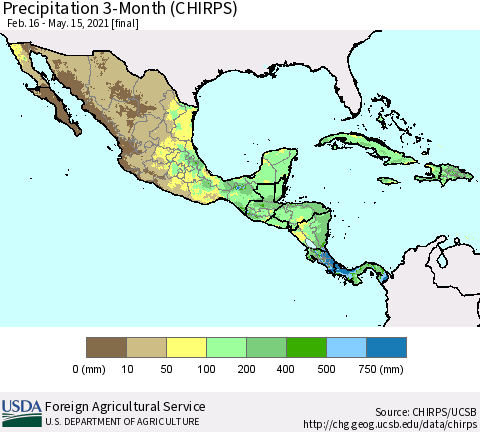 Mexico Central America and the Caribbean Precipitation 3-Month (CHIRPS) Thematic Map For 2/16/2021 - 5/15/2021