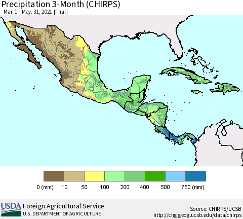 Mexico Central America and the Caribbean Precipitation 3-Month (CHIRPS) Thematic Map For 3/1/2021 - 5/31/2021