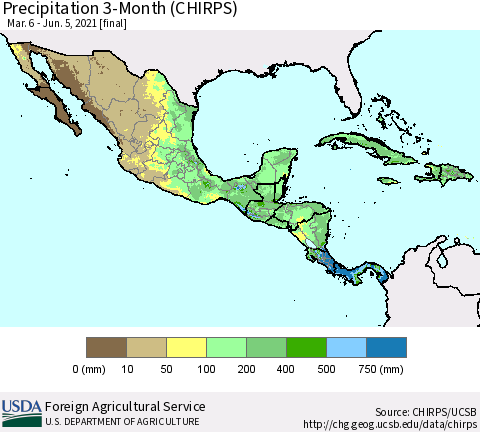 Mexico Central America and the Caribbean Precipitation 3-Month (CHIRPS) Thematic Map For 3/6/2021 - 6/5/2021