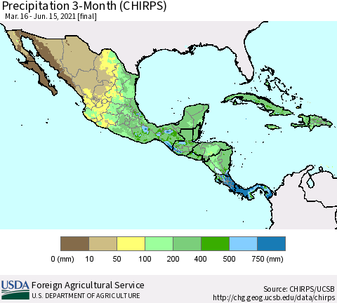 Mexico Central America and the Caribbean Precipitation 3-Month (CHIRPS) Thematic Map For 3/16/2021 - 6/15/2021