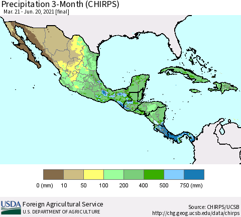 Mexico Central America and the Caribbean Precipitation 3-Month (CHIRPS) Thematic Map For 3/21/2021 - 6/20/2021