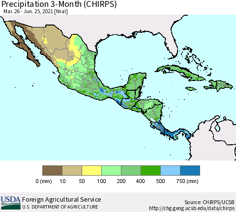 Mexico Central America and the Caribbean Precipitation 3-Month (CHIRPS) Thematic Map For 3/26/2021 - 6/25/2021