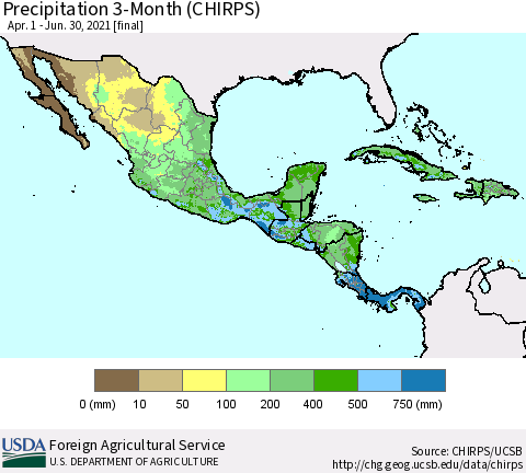 Mexico Central America and the Caribbean Precipitation 3-Month (CHIRPS) Thematic Map For 4/1/2021 - 6/30/2021