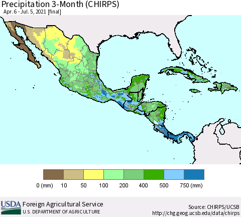 Mexico Central America and the Caribbean Precipitation 3-Month (CHIRPS) Thematic Map For 4/6/2021 - 7/5/2021