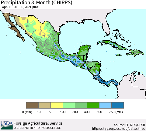 Mexico Central America and the Caribbean Precipitation 3-Month (CHIRPS) Thematic Map For 4/11/2021 - 7/10/2021