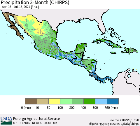 Mexico Central America and the Caribbean Precipitation 3-Month (CHIRPS) Thematic Map For 4/16/2021 - 7/15/2021