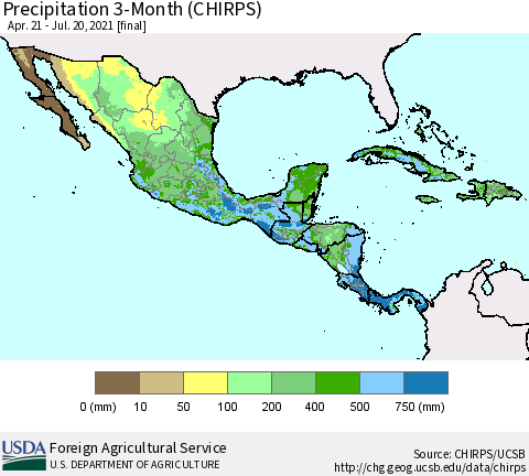 Mexico Central America and the Caribbean Precipitation 3-Month (CHIRPS) Thematic Map For 4/21/2021 - 7/20/2021