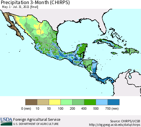 Mexico Central America and the Caribbean Precipitation 3-Month (CHIRPS) Thematic Map For 5/1/2021 - 7/31/2021