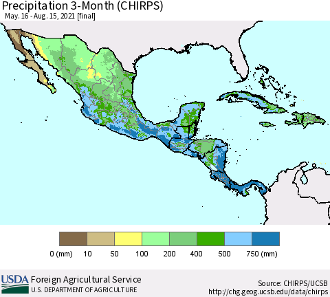 Mexico Central America and the Caribbean Precipitation 3-Month (CHIRPS) Thematic Map For 5/16/2021 - 8/15/2021