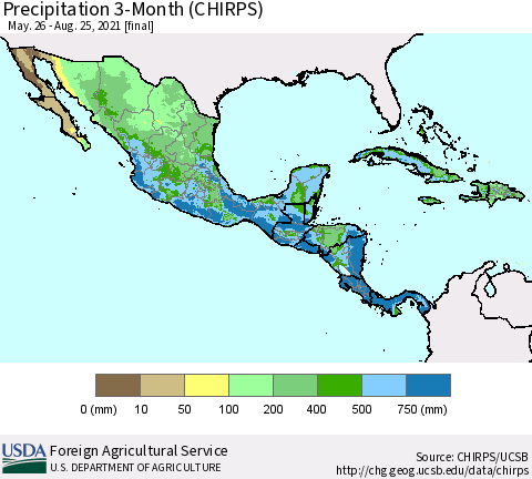 Mexico Central America and the Caribbean Precipitation 3-Month (CHIRPS) Thematic Map For 5/26/2021 - 8/25/2021