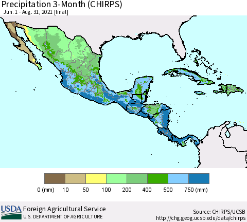 Mexico Central America and the Caribbean Precipitation 3-Month (CHIRPS) Thematic Map For 6/1/2021 - 8/31/2021