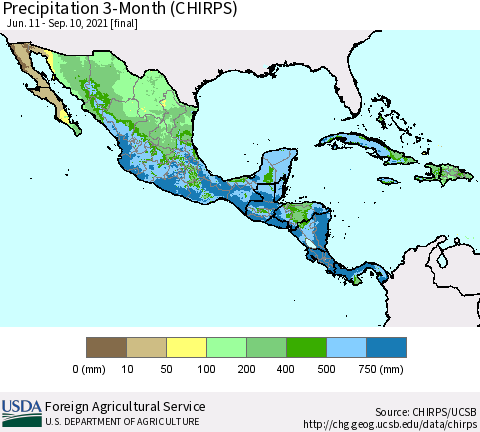 Mexico Central America and the Caribbean Precipitation 3-Month (CHIRPS) Thematic Map For 6/11/2021 - 9/10/2021