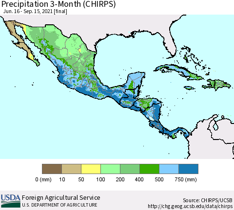 Mexico Central America and the Caribbean Precipitation 3-Month (CHIRPS) Thematic Map For 6/16/2021 - 9/15/2021