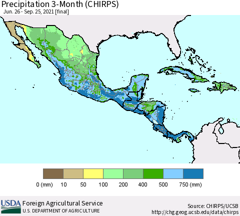 Mexico Central America and the Caribbean Precipitation 3-Month (CHIRPS) Thematic Map For 6/26/2021 - 9/25/2021