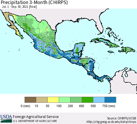 Mexico Central America and the Caribbean Precipitation 3-Month (CHIRPS) Thematic Map For 7/1/2021 - 9/30/2021